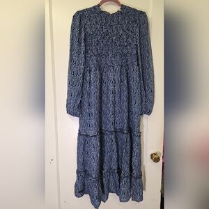 Simply Southern Smocked Long Sleeve Tiered Dress Blue Print Size Large Like New